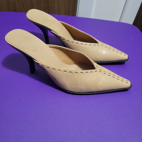 Hermès Tan Leather Stitched Trim Mule Heels, Sz 38 / 7.5 - Picture 12 of 16